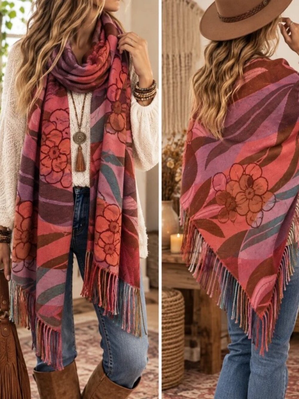 Vintage Soft Touch Floral Scarf Wrap Colorful Boho Fringe Made in Korea